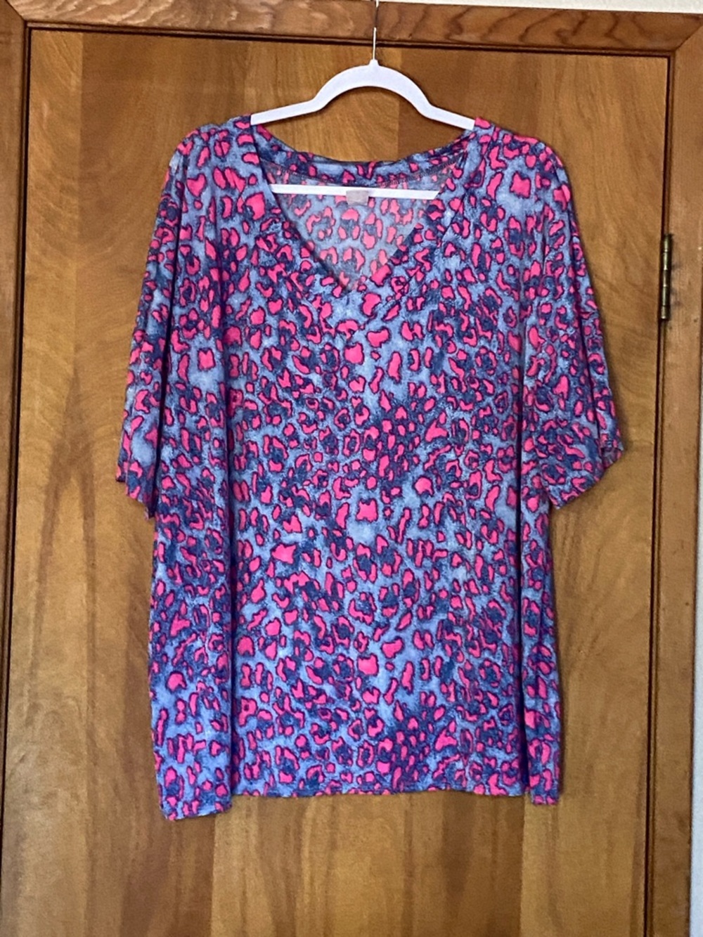 Women's Pink and Blue Leopard Print V-Neck Top